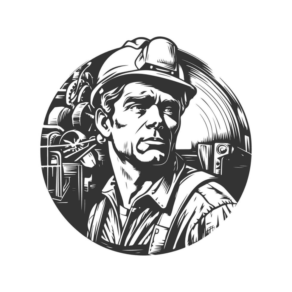 distant ouvrier, ancien logo ligne art concept noir et blanc couleur, main tiré illustration vecteur