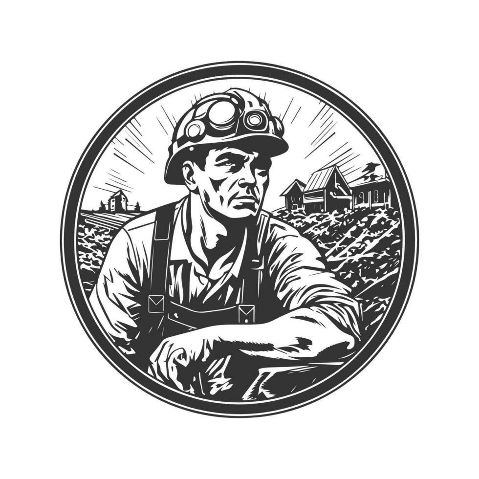 distant ouvrier, ancien logo ligne art concept noir et blanc couleur, main tiré illustration vecteur