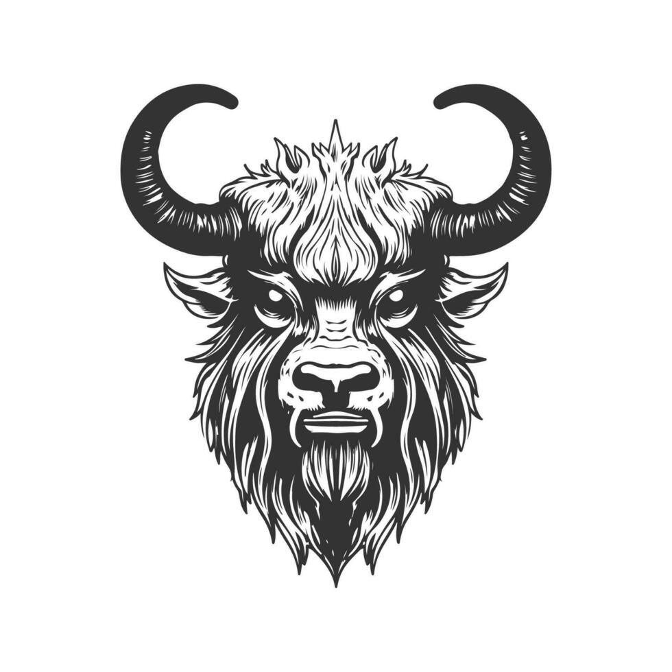 yak monstre, ancien logo ligne art concept noir et blanc couleur, main tiré illustration vecteur