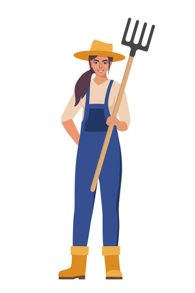 femme agriculteur en portant fourche dans main. agriculture travail, jardinage. agricole ouvrier avec jardin outil. femme jardinier, agronome. vecteur illustration.