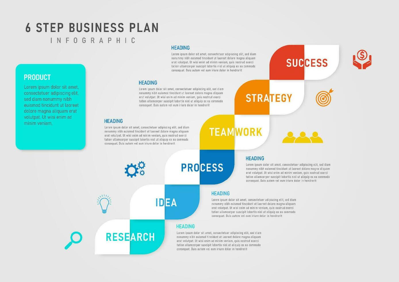infographie modèle 6 pas Succès affaires Planification multicolore carrés des lettres dans le centre la gauche et droite Icônes carré Cadre dans le milieu vide espace endroit des lettres gris pente Contexte vecteur