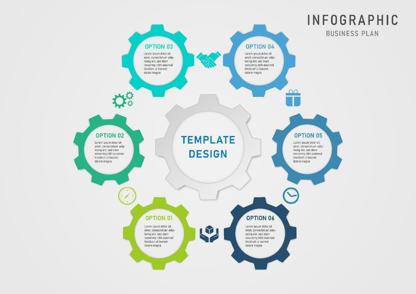 infographie modèle 6 affaires les options multicolore engrenages arrangé dans une cercle vide espace dans le milieu avec des lettres dans entre avec Icônes gris pente Contexte conception pour planification, produit vecteur