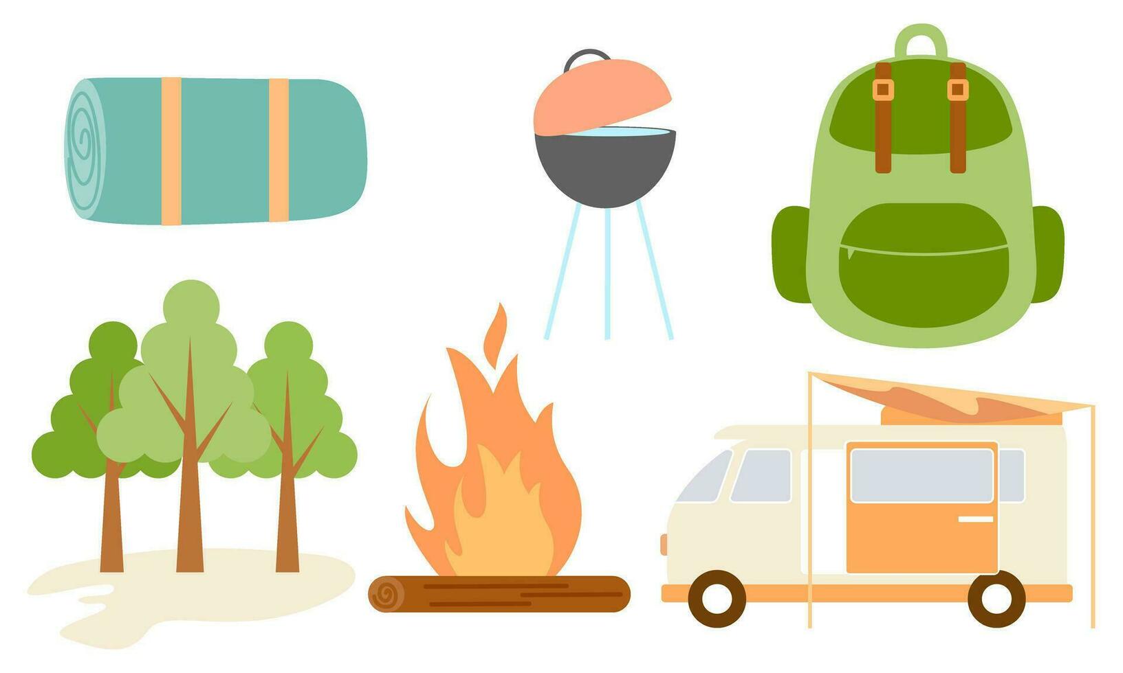 dessin animé camping et randonnée équipement tente et forêt la nature camp logo vecteur