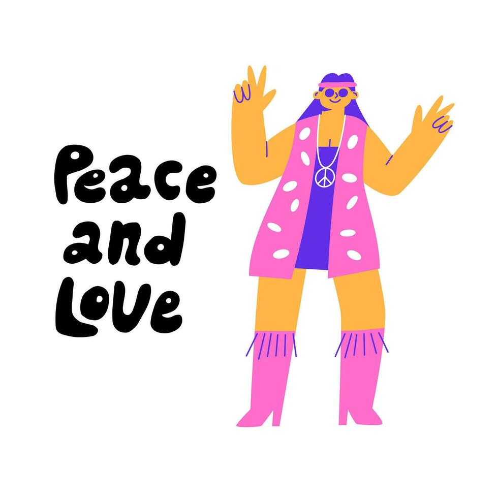 marrant hippie fille. paix et l'amour typographie. le femme spectacles une geste. brillant plat illustration vecteur