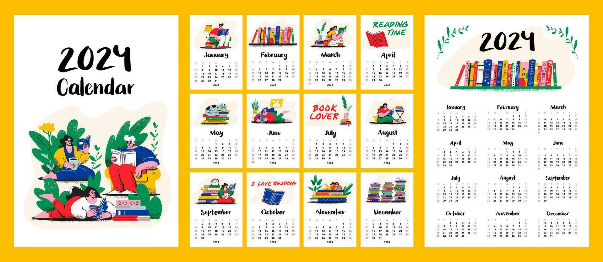 calendrier modèle pour 2024. verticale disposition a4, a3, a5. gens en train de lire dans le bibliothèque, étudiants. ensemble de 12 mois et couverture vecteur