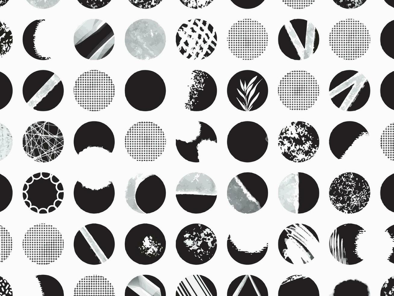 cercles modèle avec abstrait texturé grungy Aléatoire modèle décorations vecteur Contexte isolé sur paysage fond d'écran. Facile plat abstrait noir et blanc monochrome toile de fond.