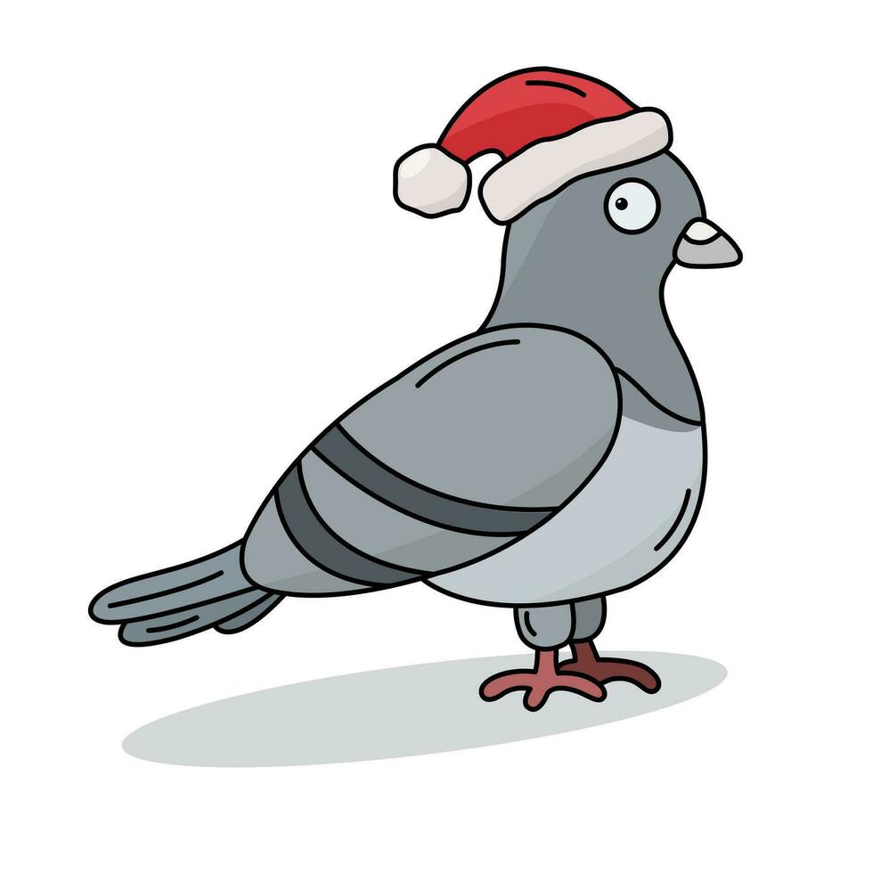 mignonne coloré vecteur Pigeon avec noir contour avec Père Noël chapeau. Nouveau année, Noël, hiver Urbain thème.