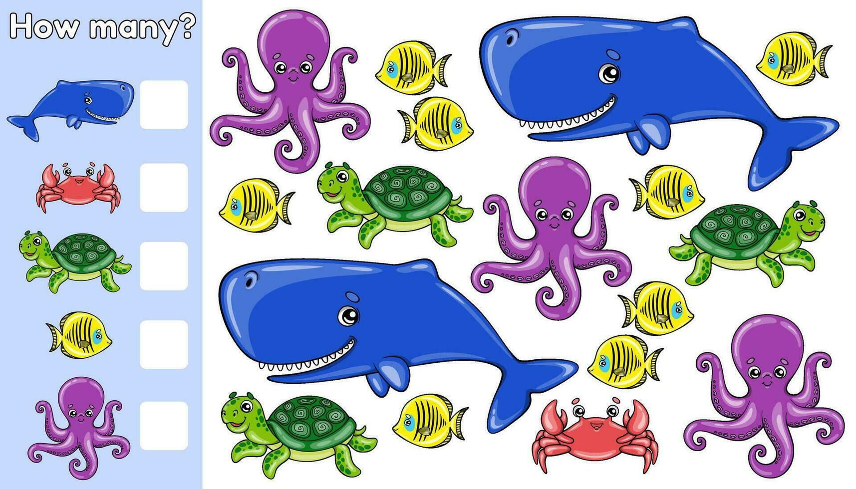 compte jeu. des gamins math jeu. Comment beaucoup mer animaux. compter dessin animé poulpes, tortues, Crabes, baleines et des poissons. éducatif feuille de travail pour préscolaire et école les enfants. page de activité livre. vecteur. vecteur