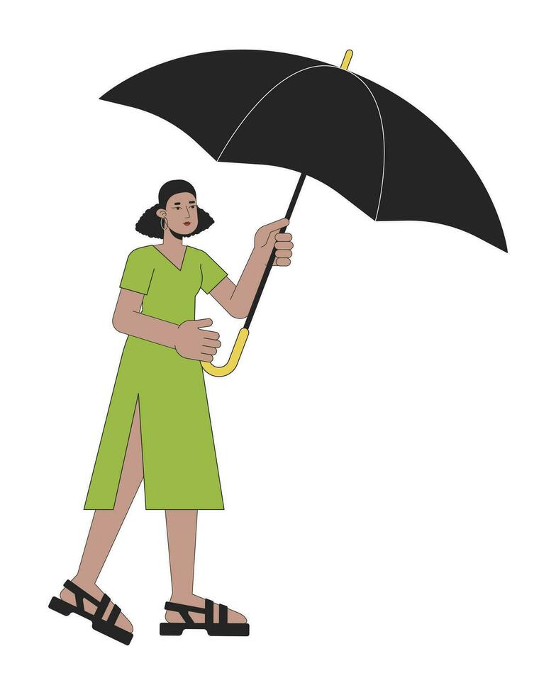 mignonne femme en portant ouvert parapluie plat ligne Couleur vecteur personnage. modifiable contour plein corps la personne couvertures de mal temps sur blanche. Facile dessin animé place illustration pour la toile graphique conception