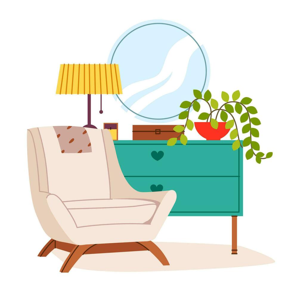 confortable intérieur de une chambre. confortable appartement avec un fauteuil, une chevet table et une pot avec une plante. plat moderne vecteur illustration.