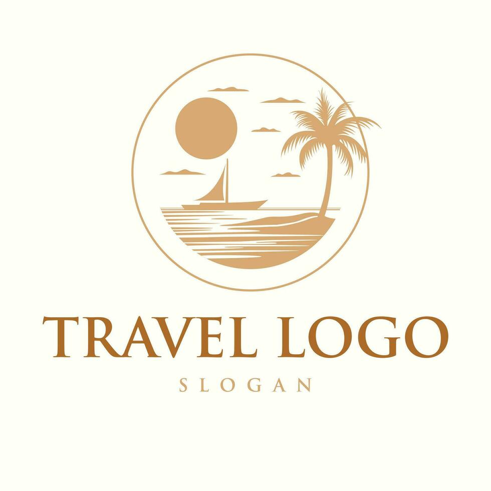 Voyage vecteur logo conception. mer et paume vecteur emblème logo. tropical recours vecteur icône.