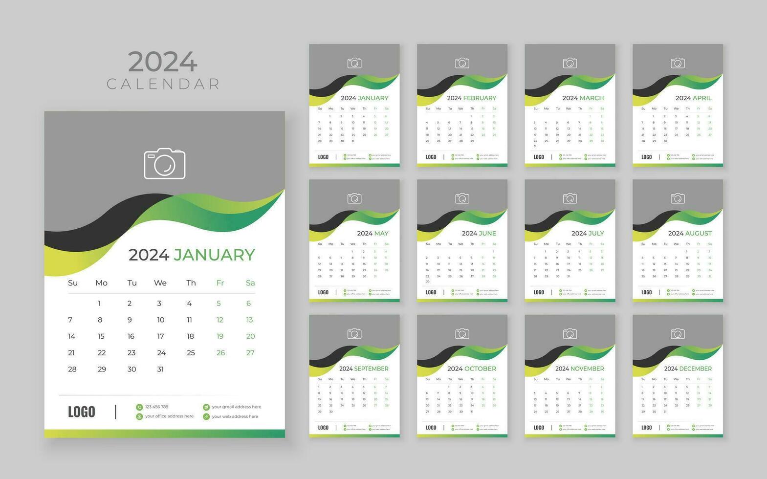 mur calendrier 2024, vecteur mur calendrier 2024, entreprise et affaires planificateur modèle dans Anglais, la semaine début dimanche, mur calendrier dans une minimaliste style