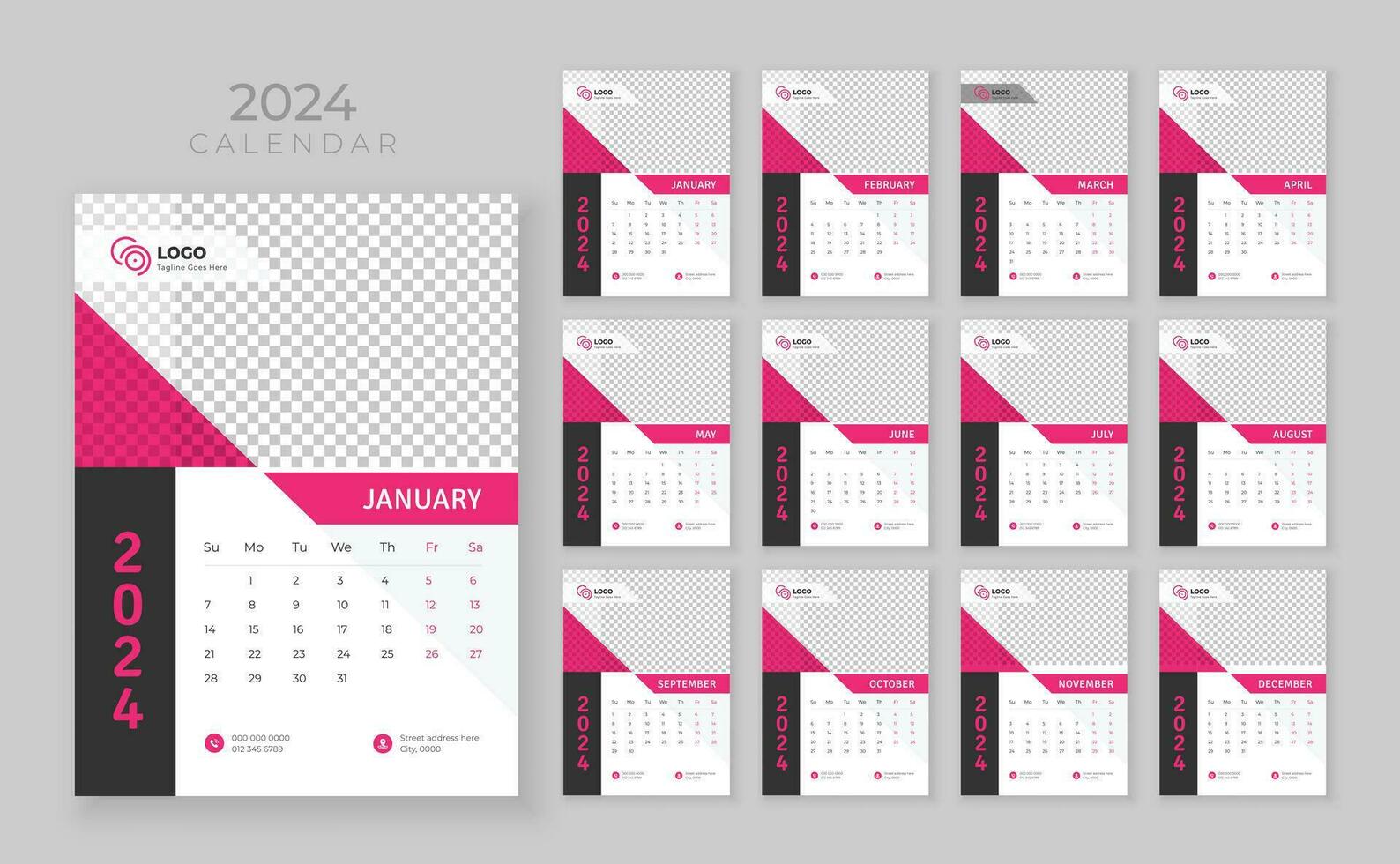 mur calendrier 2024, vecteur mur calendrier 2024, entreprise et affaires planificateur modèle dans Anglais, la semaine début dimanche, mur calendrier dans une minimaliste style