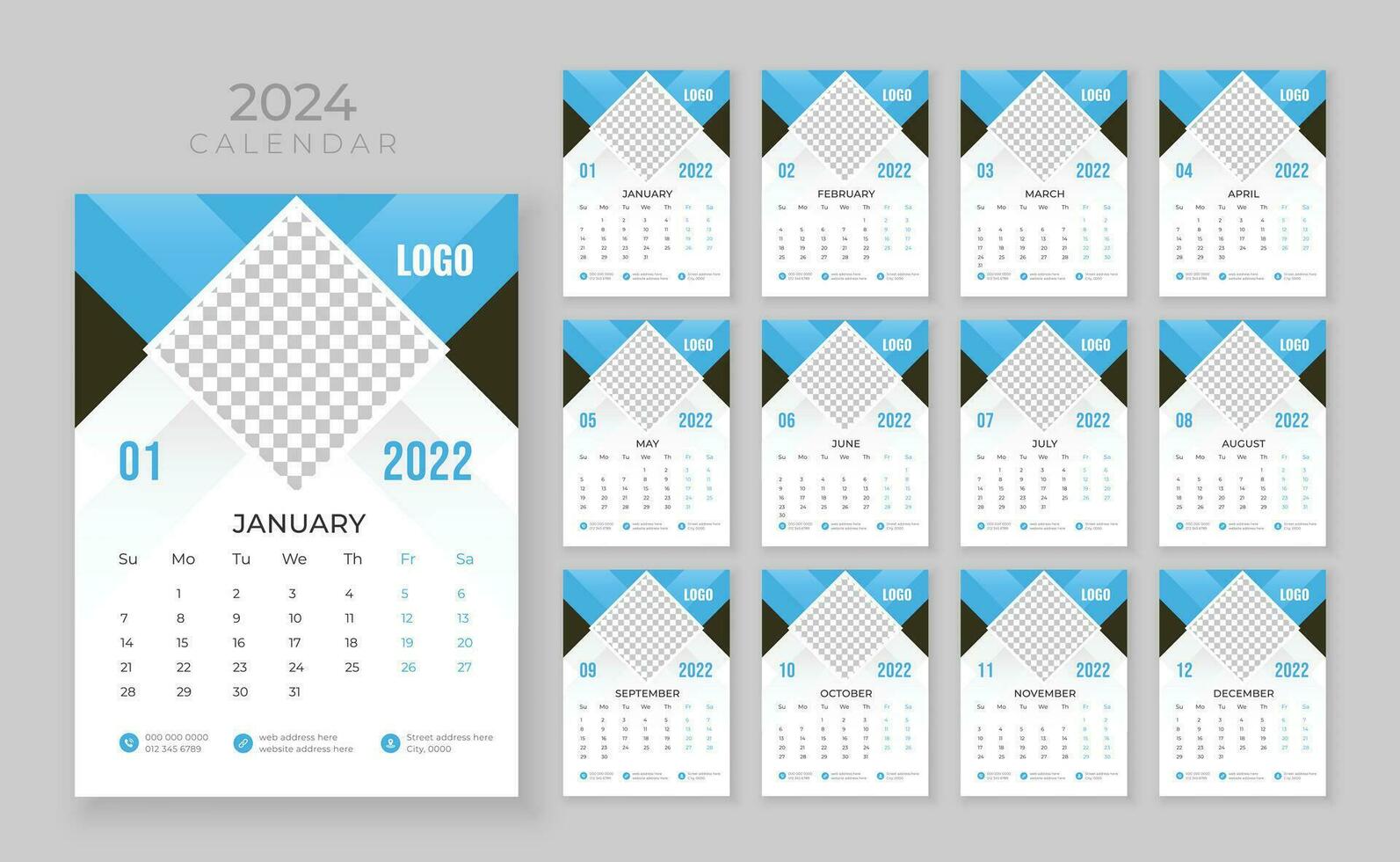 janvier 2024 trimestriel calendrier bloc. mur calendrier dans Anglais, la  semaine départs de dimanche. 30312166 Art vectoriel chez Vecteezy