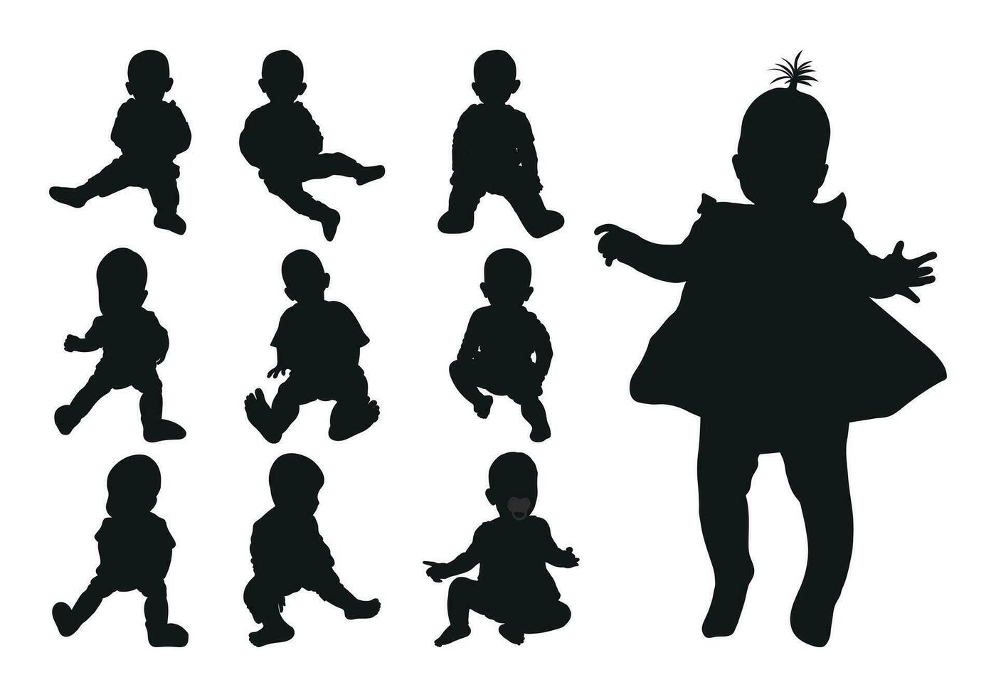 image de une noir silhouette de une bébé en haut à une année, nouveau née. le enfant en cours d'exécution, séance, marche, danse, rampant, en jouant vecteur