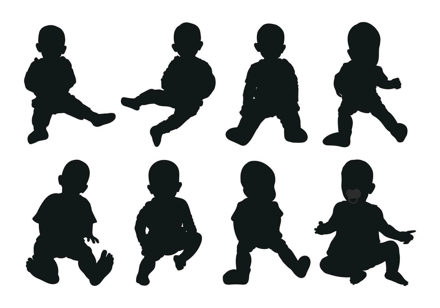 image de une noir silhouette de une bébé en haut à une an. le enfant séance, marche, Danse vecteur