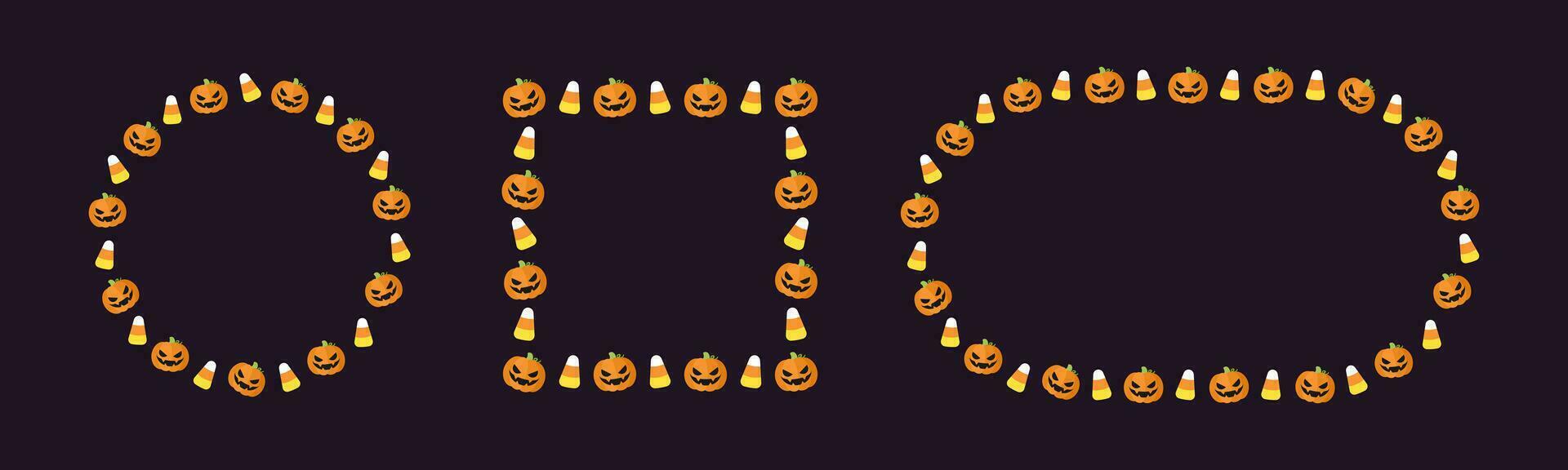 Halloween Cadre frontière avec dessin animé jack o lanterne, citrouilles, bonbons blé ensemble. mignonne Halloween carte modèle collection. vecteur illustrations.