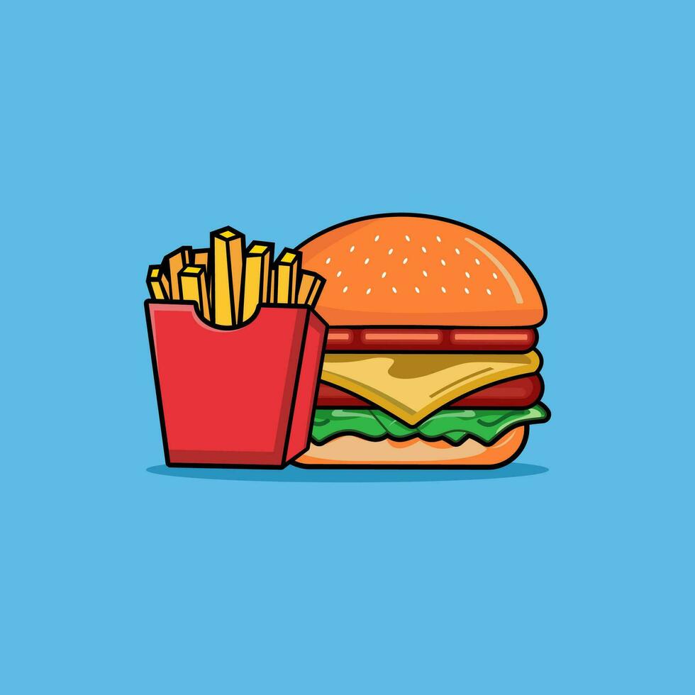 ensemble de Burger, français frites, un soda et café isolé. vite nourriture des produits dans plat style sur bleu Contexte. vecteur illustration