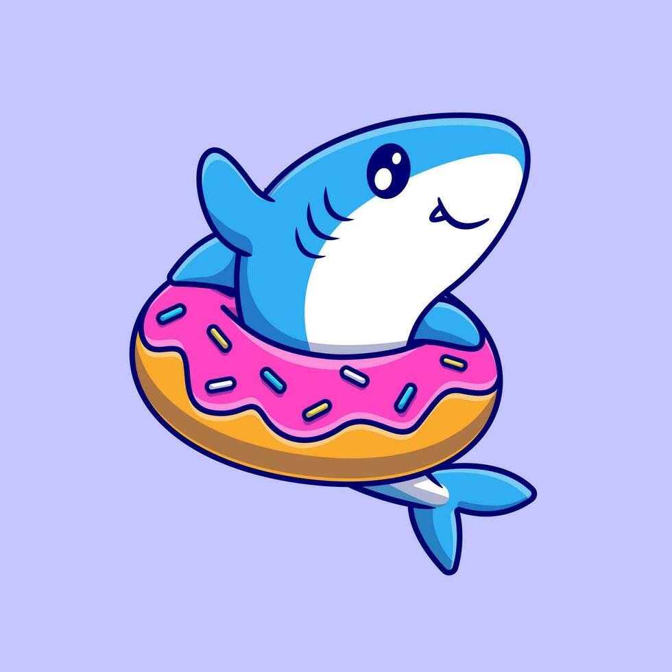 mignonne requin avec Donut dessin animé vecteur icône illustration. animal nourriture icône concept isolé prime vecteur. plat dessin animé style