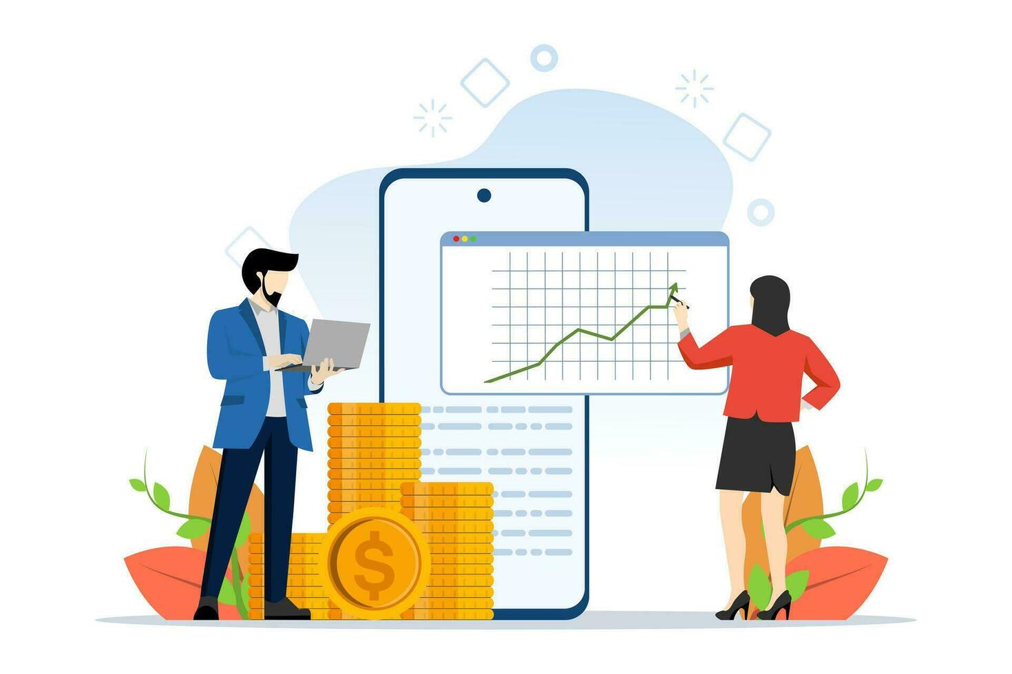 concept de roi, revenir sur investissement, financier solutions. gens enregistrer argent. femme gérant financier graphique avec mobile téléphone. vecteur illustration dans plat conception pour interface utilisateur, la toile bannière, mobile application.