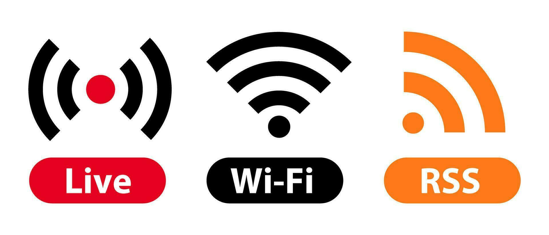 jeu d'icônes pour le direct, le wi-fi et le rss. vecteur. vecteur