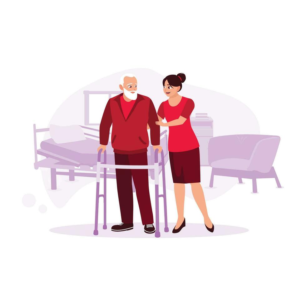portrait de une femelle infirmière portion un personnes âgées Masculin patient dans le allaitement Accueil en utilisant marcheur béquilles. tendance moderne vecteur plat illustration.