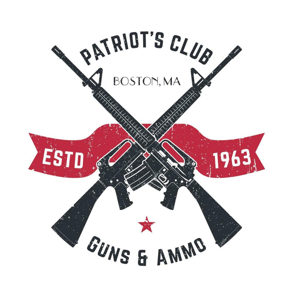 patriotes club ancien logo avec franchi armes à feu, pistolet magasin ancien signe avec agression fusils, pistolet boutique emblème sur blanc, vecteur