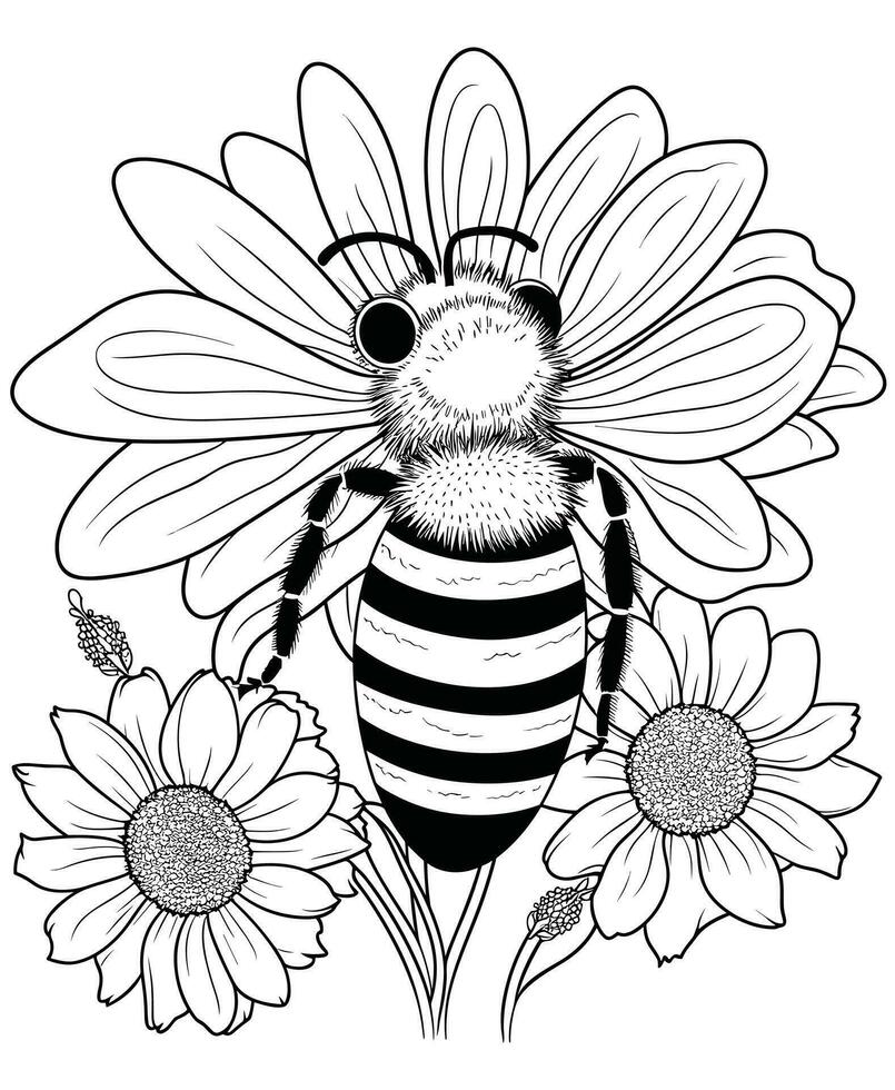 mon chéri abeille avec fleurs coloration page vecteur