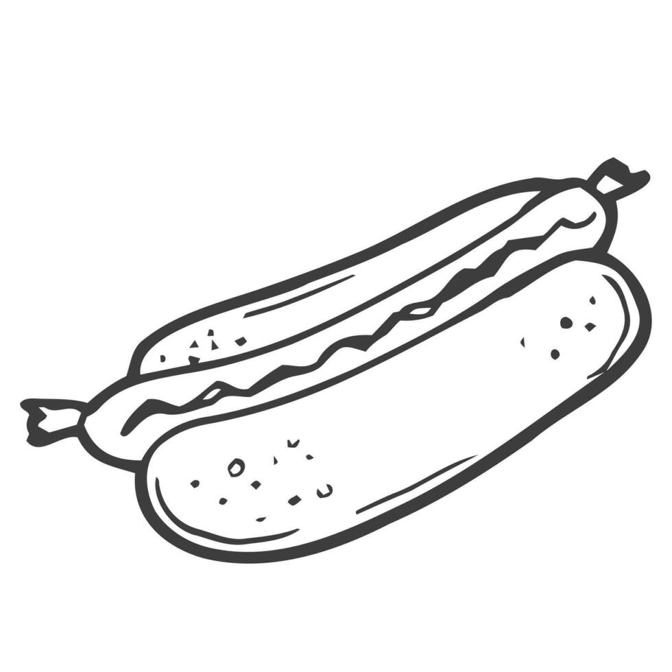 illustration vectorielle. doodle dessiné à la main de hot-dog à la moutarde. aliments malsains. croquis de dessin animé. décoration de menus, enseignes, vitrines, cartes de vœux, affiches, papiers peints vecteur