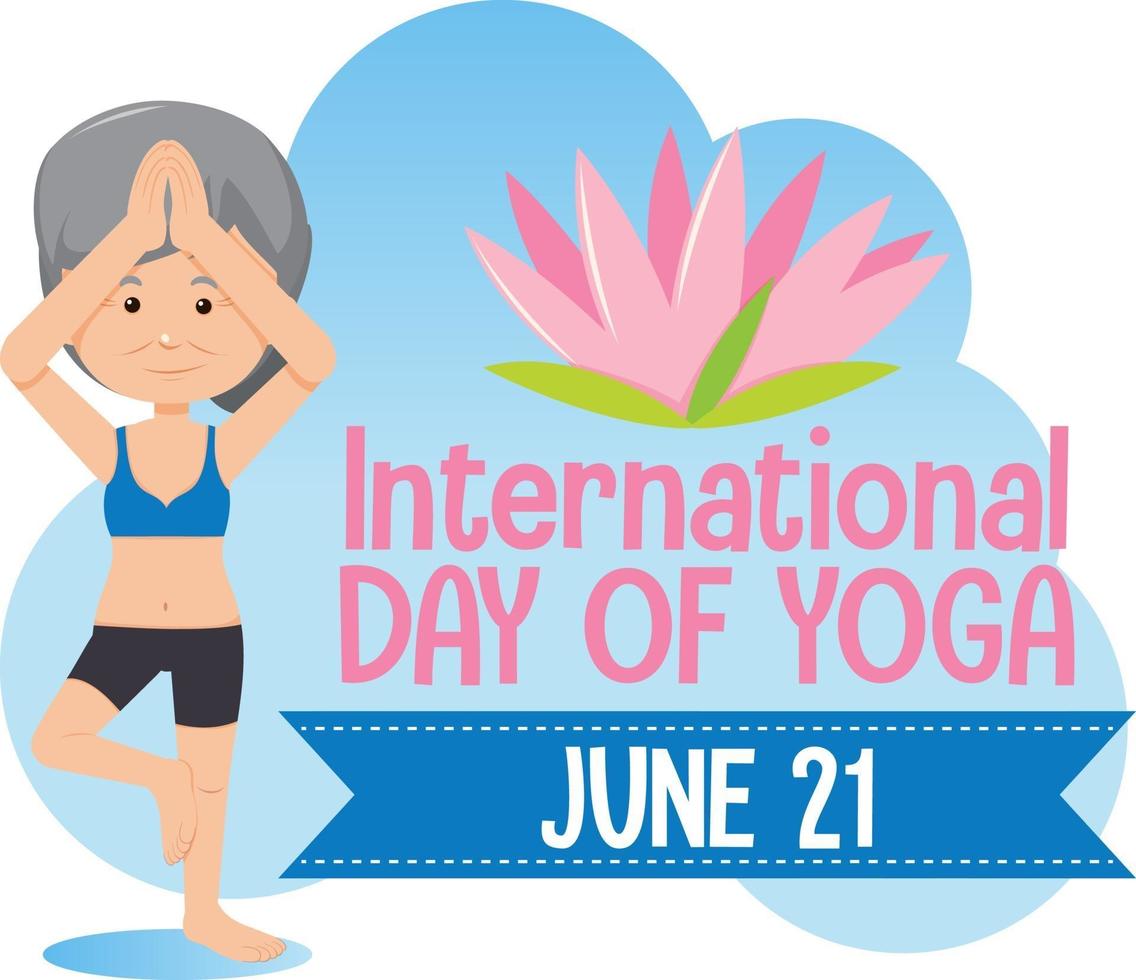 bannière de la journée internationale du yoga avec une vieille femme faisant une pose de yoga vecteur