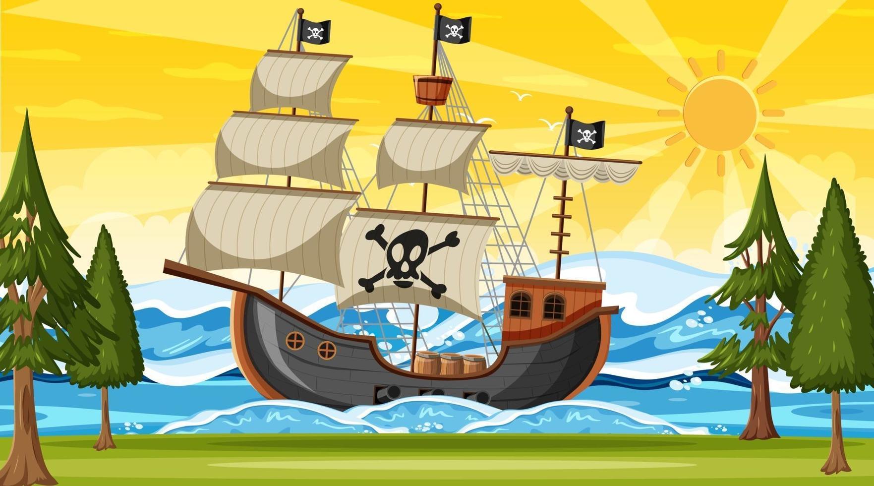 océan avec bateau pirate à la scène du coucher du soleil en style cartoon vecteur