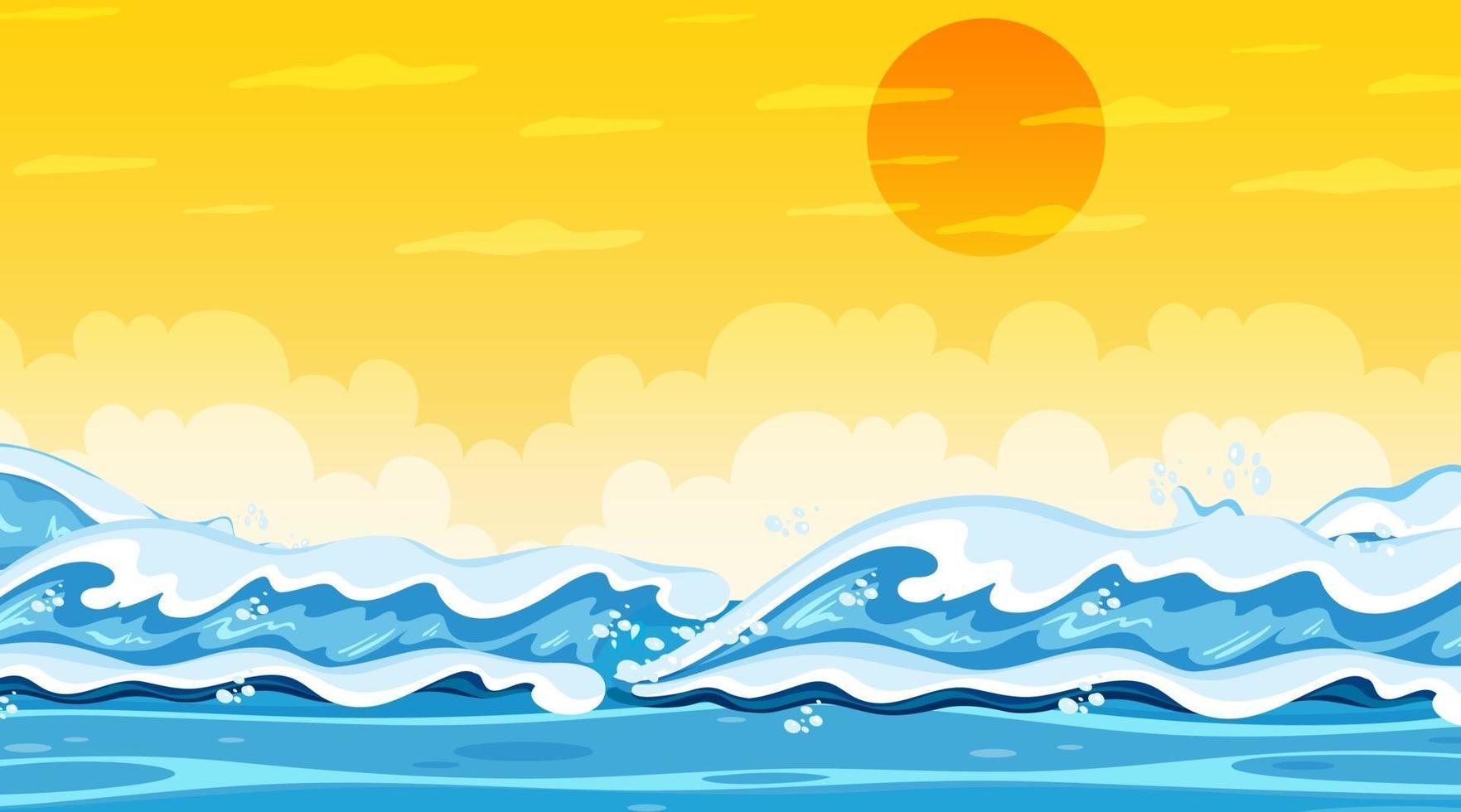 paysage de plage au coucher du soleil avec la vague de l'océan vecteur
