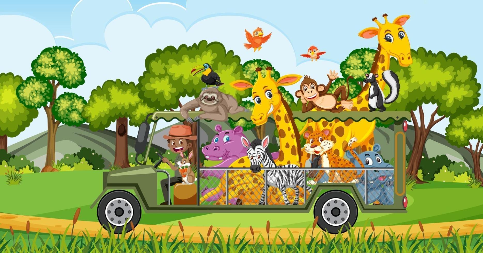 scène de safari avec des animaux sauvages dans la voiture cage vecteur