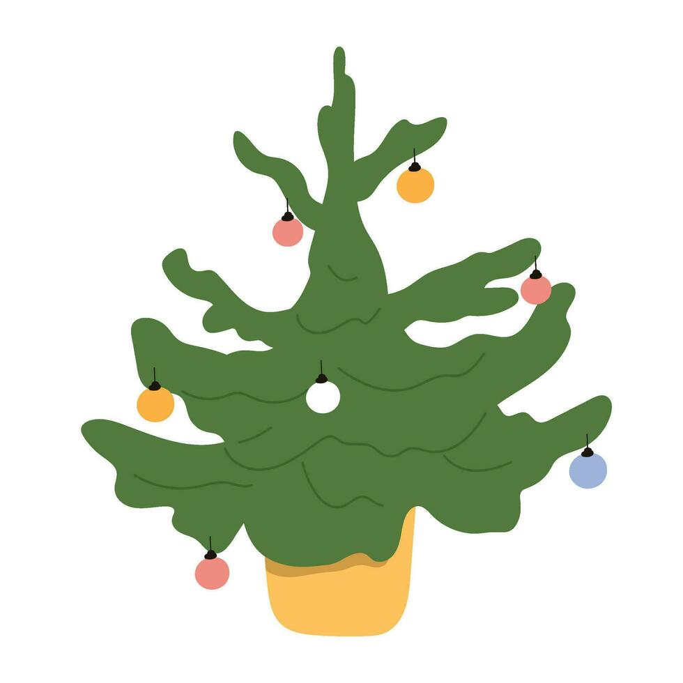 dessiné à la main Noël arbre icône. de fête Noël épicéa. vert sapin dessin animé avec décoré ornements. plat des illustrations isolé sur blanc Contexte. vecteur