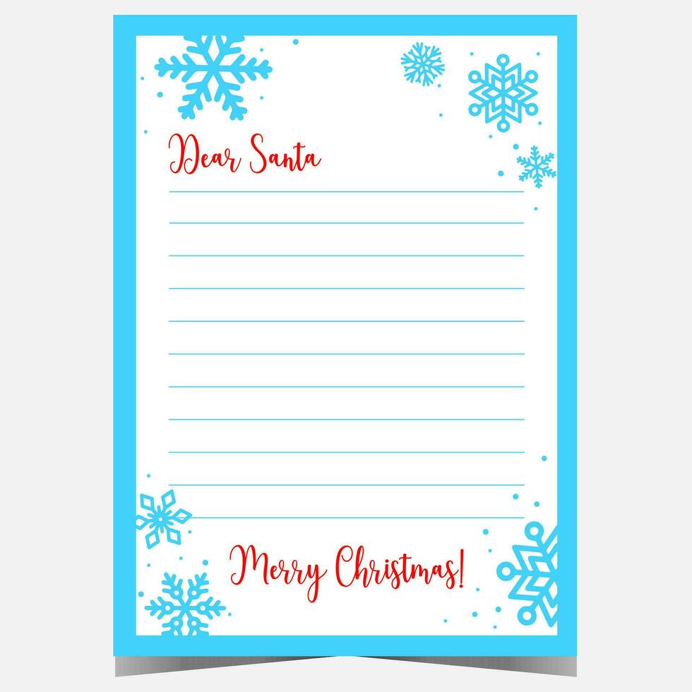 Père Noël claus Noël lettre modèle conception avec bleu flocons de neige sur blanc Contexte. cher Père Noël de fête disposition pour les enfants à écrire leur vœux à Père Noël claus pendant hiver vacances fête. vecteur