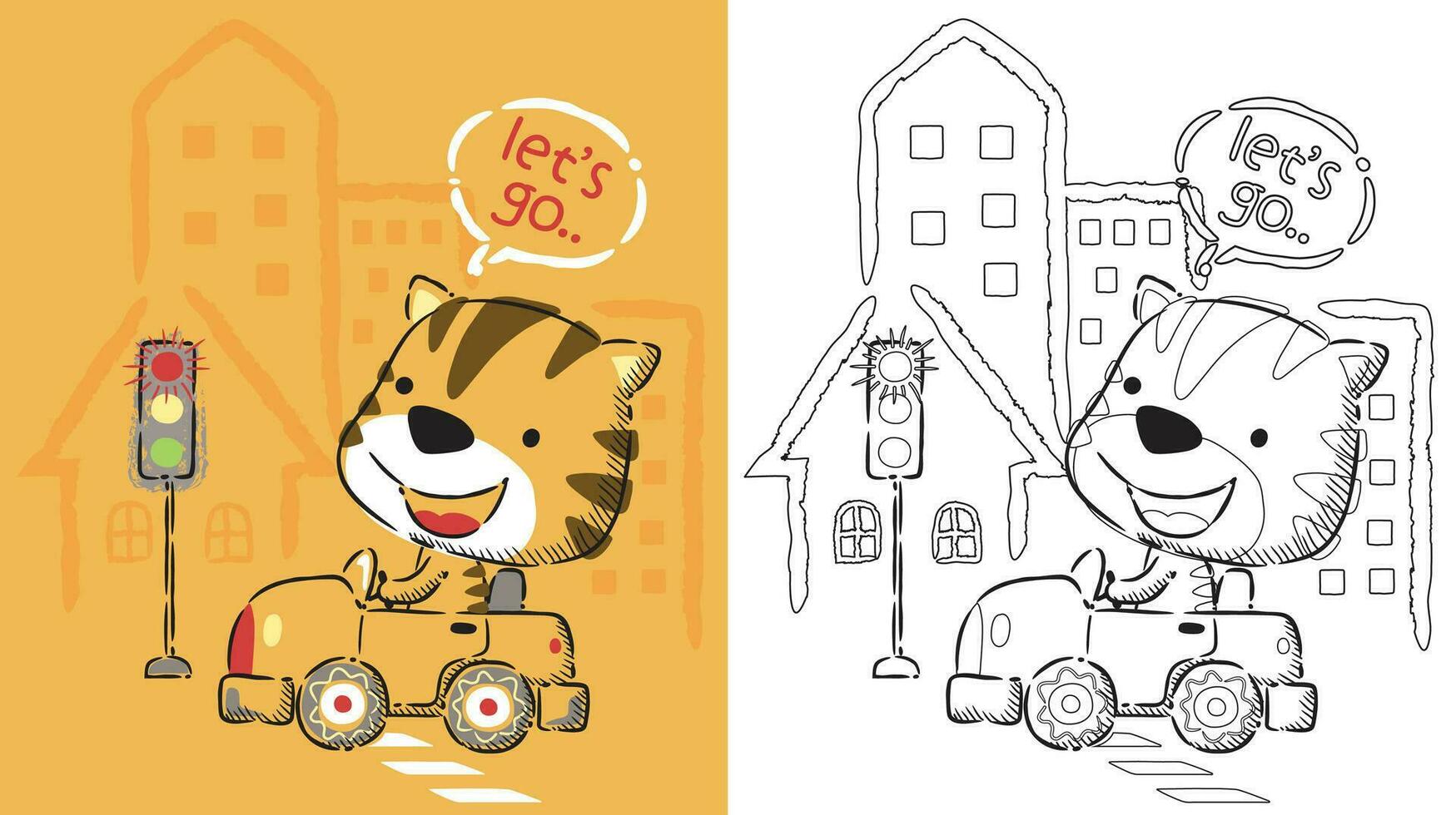 coloration livre dessin animé de marrant chat conduite voiture dans le ville route éléments dans main tiré style vecteur