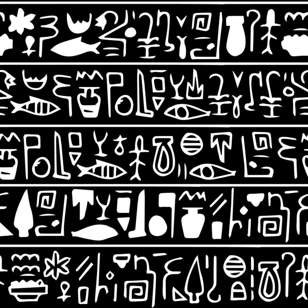 symboles similaire à hiéroglyphes arrangé horizontalement. main tiré vecteur sans couture modèle dans noir et blanc couleurs