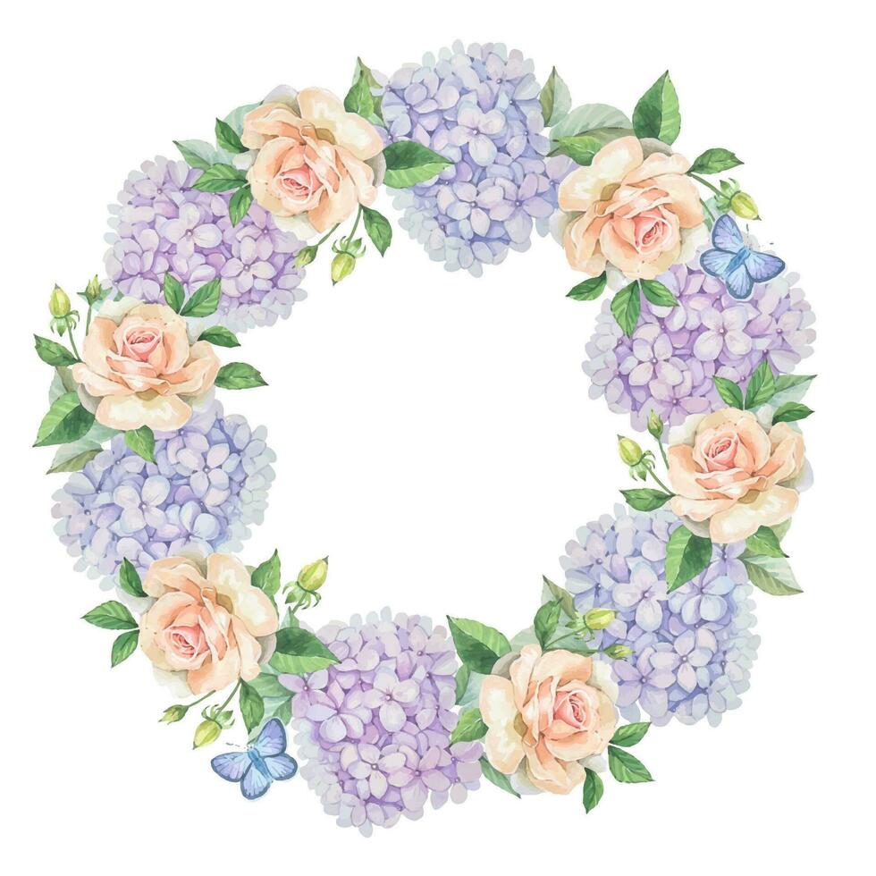 floral rond couronne avec violet hortensia, délicat des roses, feuilles, aquarelle vecteur