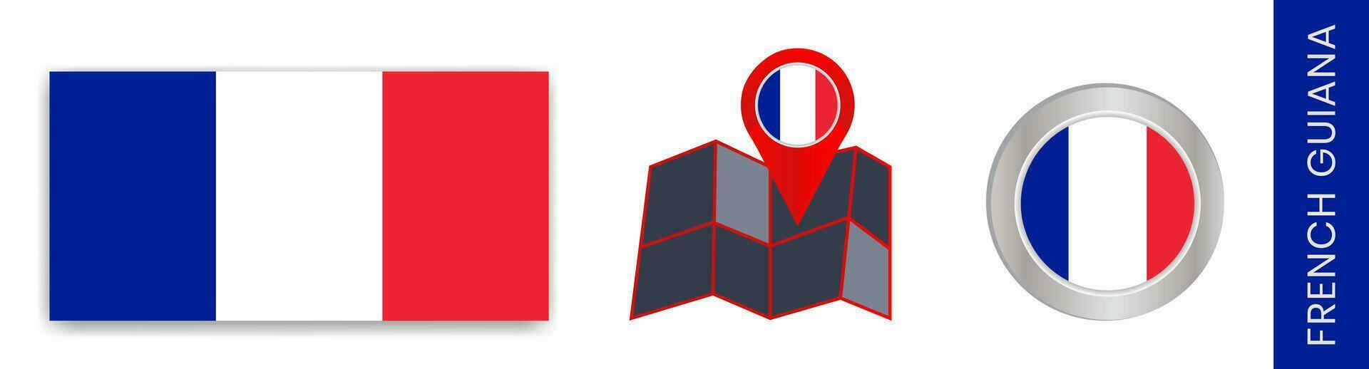 le collection de français Guyane nationale drapeaux est isolé dans officiel couleurs et une carte icône de français Guyane avec une pays drapeau. vecteur