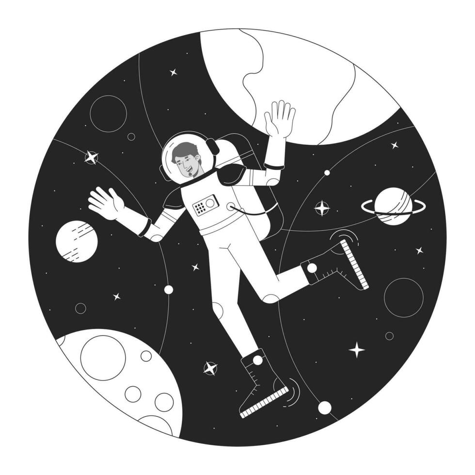 astronaute dans espace bw concept vecteur place illustration. homme dans espace costume parmi planètes 2d dessin animé plat ligne monochromatique personnage pour la toile ui conception. modifiable isolé contour héros image