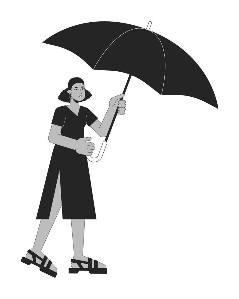 mignonne femme en portant ouvert parapluie plat ligne noir blanc vecteur personnage. modifiable contour plein corps la personne couvertures de mal temps. Facile dessin animé isolé place illustration pour la toile graphique conception