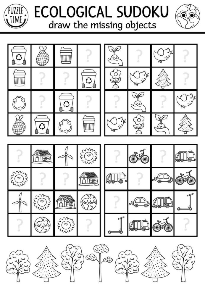 vecteur écologique sudoku puzzle pour des gamins avec des photos. Facile noir et blanc Terre journée quiz ou coloration page. éco conscience éducation ligne activité avec zéro déchets concept. trouver disparu objets