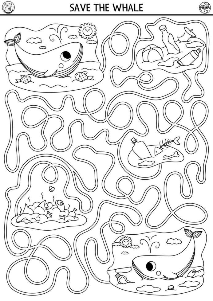 écologique noir et blanc Labyrinthe pour les enfants avec en danger animal concept. enregistrer le baleine jeu. Terre journée préscolaire activité. éco conscience labyrinthe coloration page. la nature protection imprimable vecteur