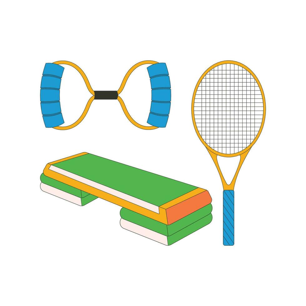 étape plateforme, extenseur, raquette pour gros tennis. sport équipement. aptitude inventaire. vecteur