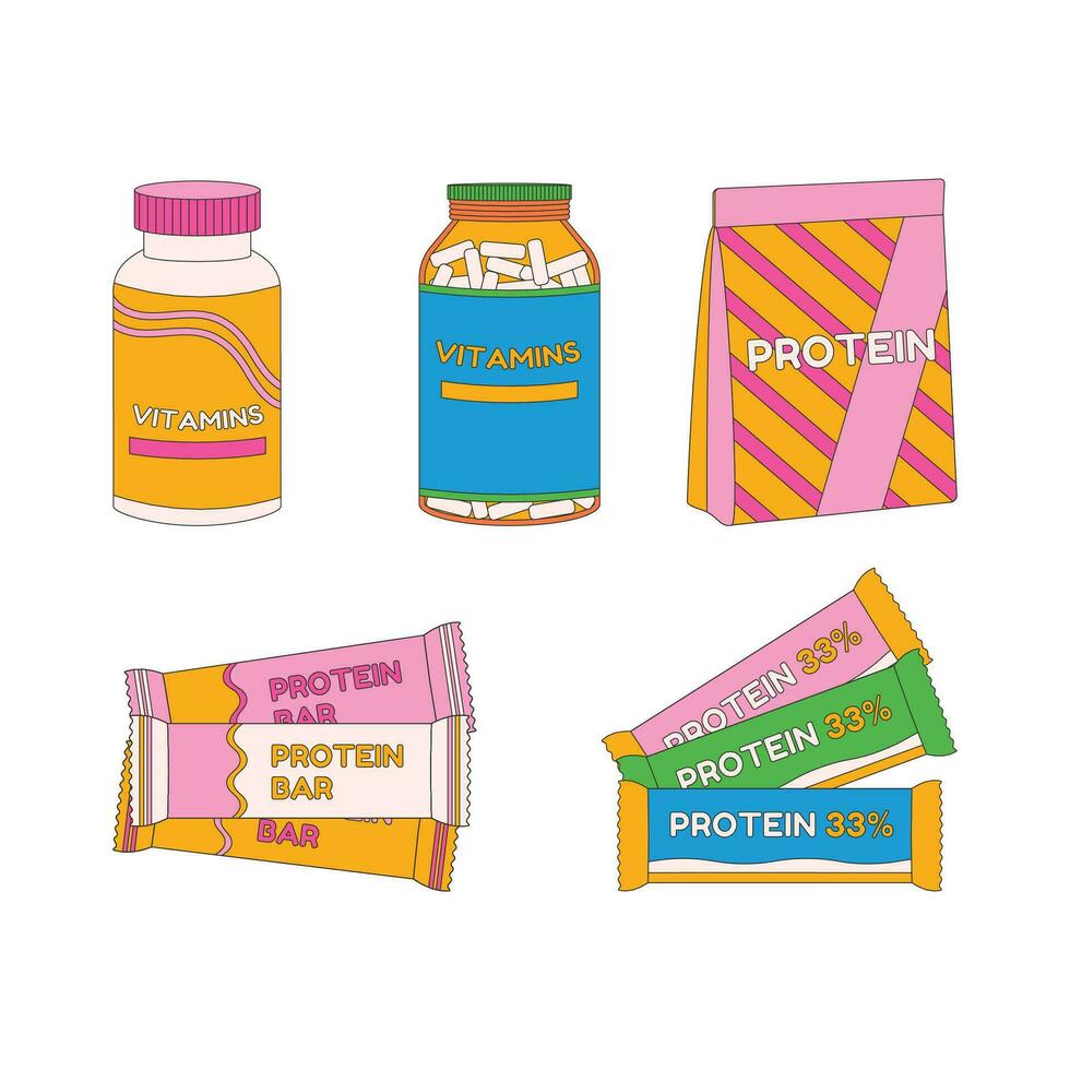 vitamines, protéine, protéine barres. sport équipement. aptitude inventaire. plat vecteur illustration.