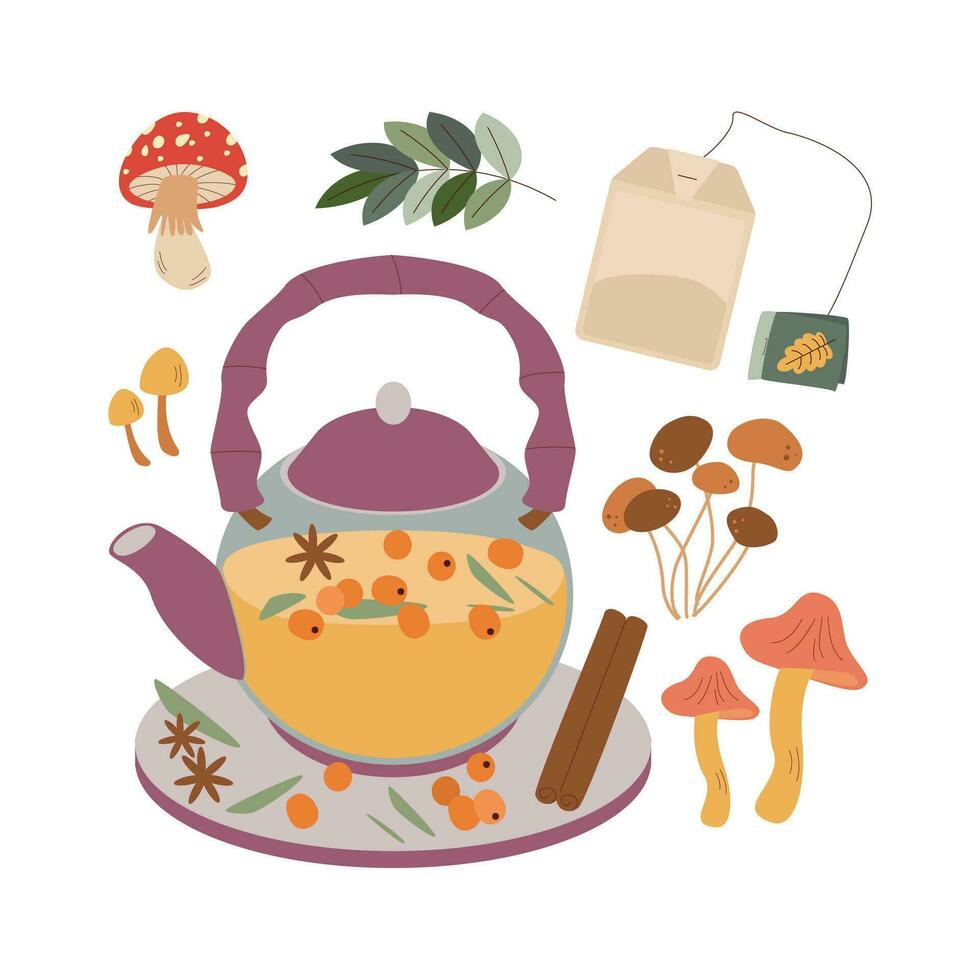 champignon, feuilles, thé. Bonjour l'automne. l'automne saison élément, icône. vecteur