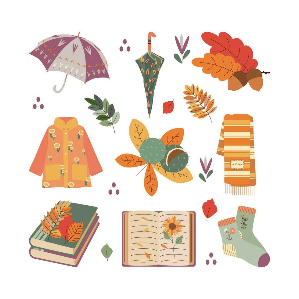 parapluie, foulard, imperméable, livre, chaussette, feuilles. Bonjour l'automne. l'automne saison élément, icône. vecteur