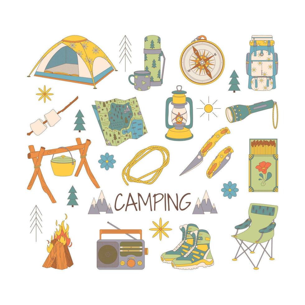 camping et randonnée ensemble, tiré éléments tente, thermos, sac à dos, carte, lampe de poche, boussole, feu, chaise, corde. vecteur