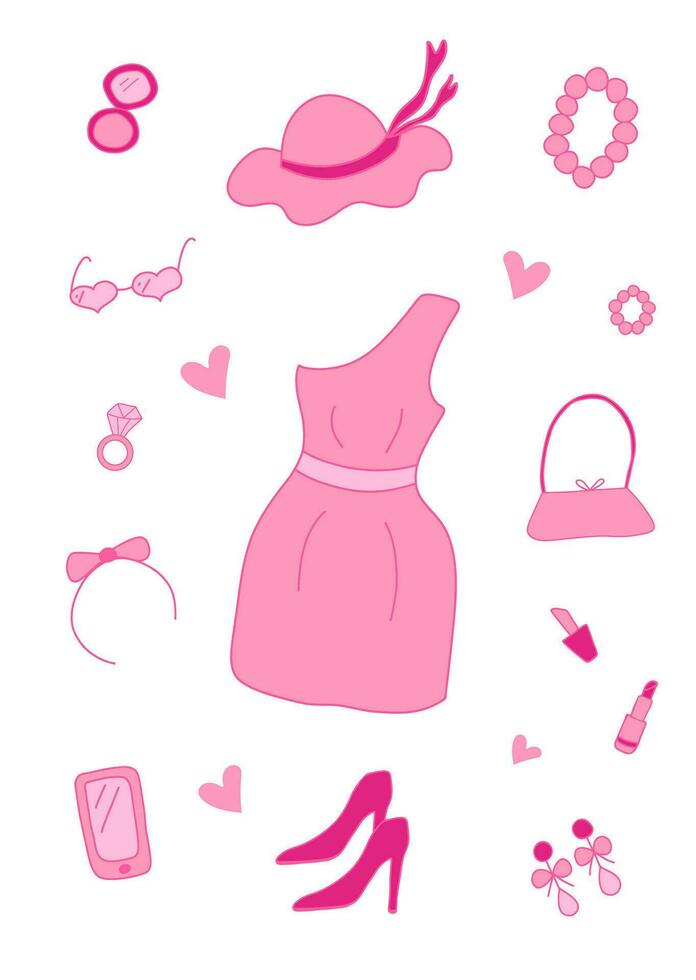 glamour élégant moderne rose éléments pour une fille. robe, vêtements, chaussures, patin à roulettes, chapeau, lunettes, sac, rouge à lèvres.nostalgique barbiecore années 2000 style collection vecteur