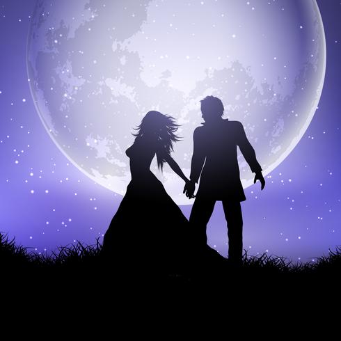 Silhouette du couple de mariage contre un ciel au clair de lune vecteur